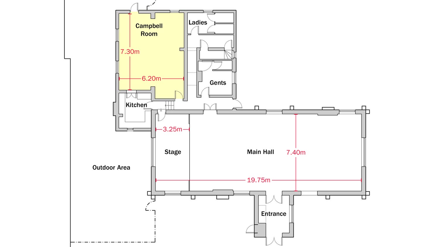 Plan of Dumbleton Village Hall with dimensions